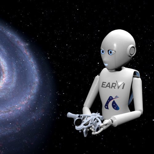 Robot avec un sextan dans les main à coté d'une galaxie