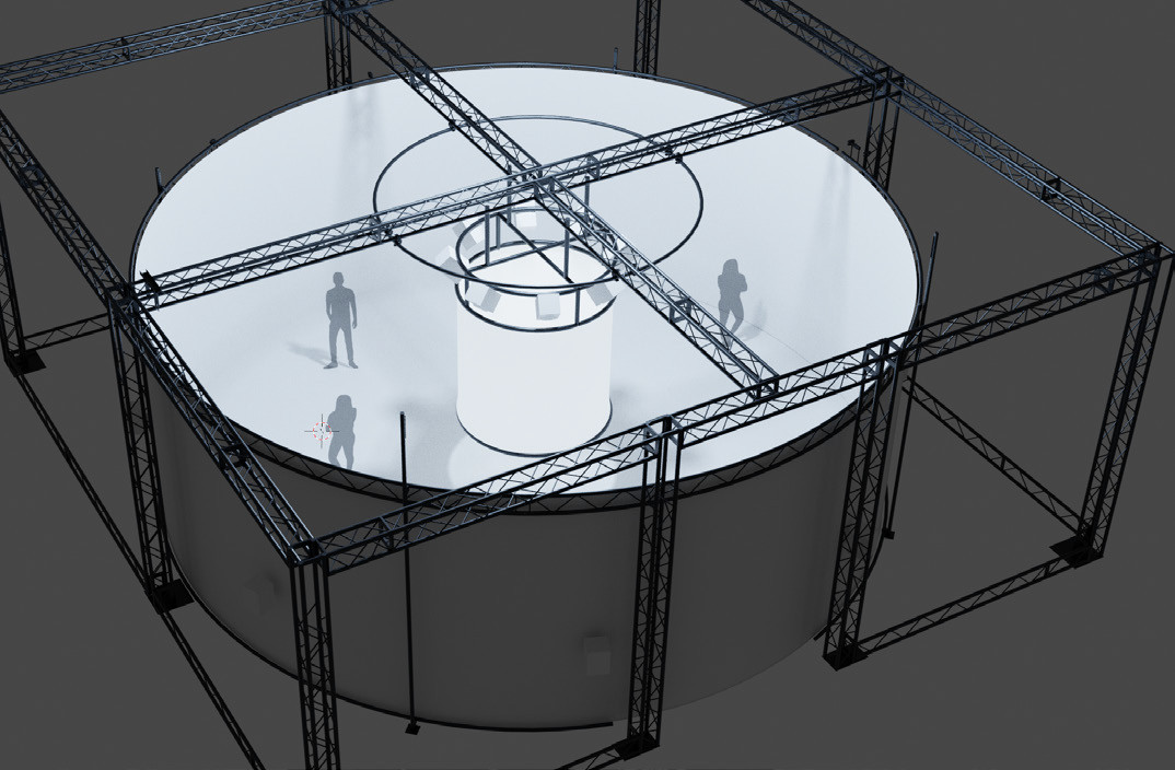 Représentation 3D de The Loop. On y voit un grand cylindre blanc maintenue par une structure en métal avec des silhouettes de personnes à l'intérieurs 
